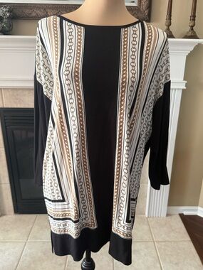 Black Chain-Print Tunic Top with Cream & Gold Accents Chico's Zenergy Size 2